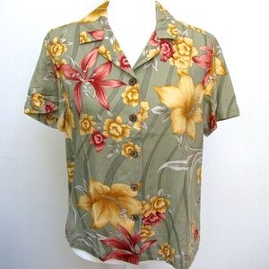 Jamaica Bay Floral Button-up Shirt Pale Green Large Floral Womens Size S